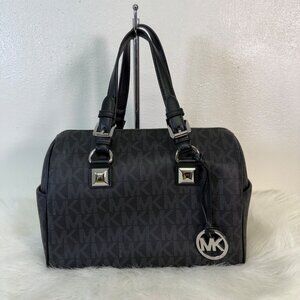 Michael Kors Grayson Signature MK Black Satchel Duffle Saffiano Leather Handbag